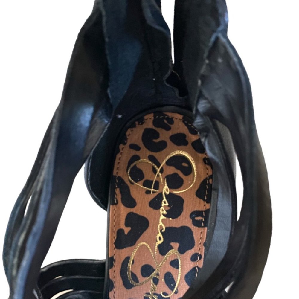 Jessica Simpson Black Leather Cage Style Open Toe Leopard Insoles 3" Heels …